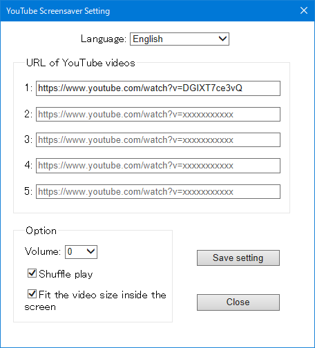 YouTube Screensave dialog box